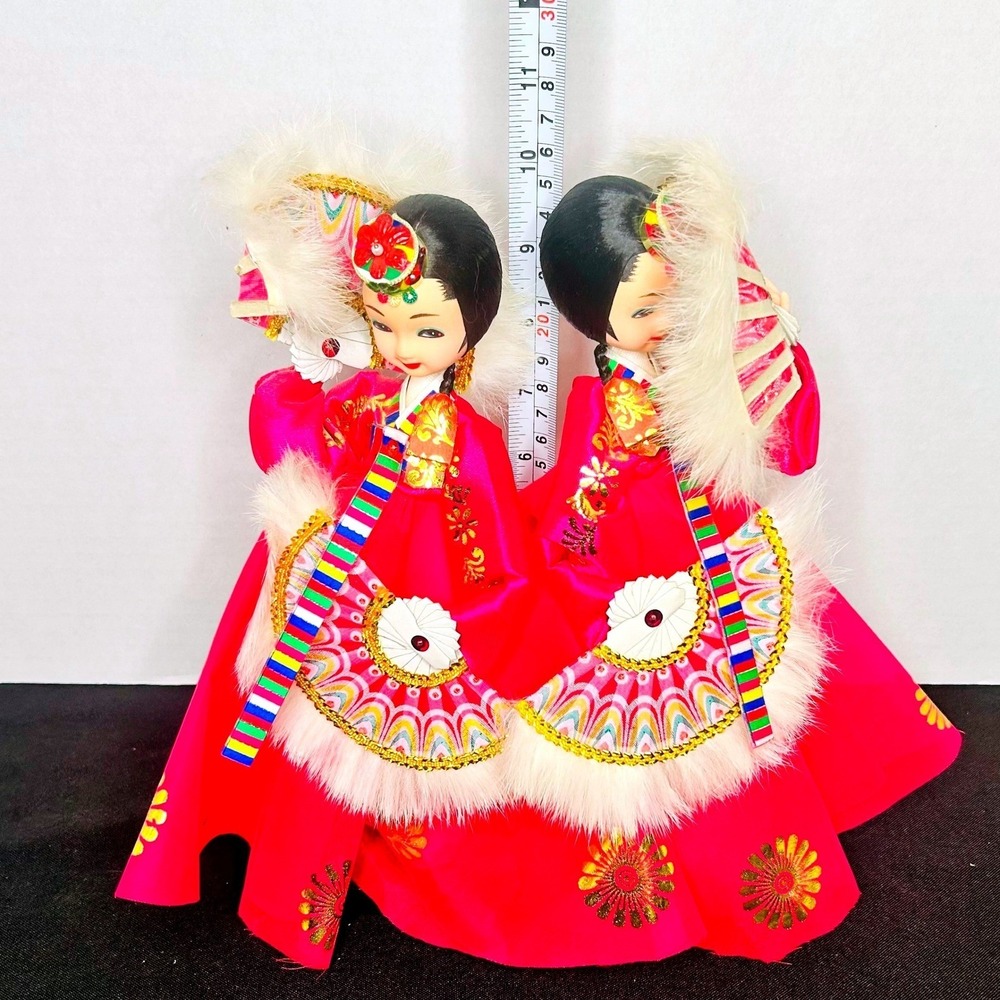 Vintage Korean Traditional Fan Buchaechum Dancer Dolls, Hanbok Silk‎ Pink